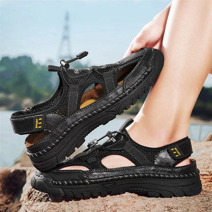 Men's Handmade Simple Letter-Print Sandals, Summer Beach Hollow Sandals, Fashionable Velcro Men's Shoes, Outdoor Hiking and River-Tracing Shoes, Comfortable, Breathable, Wear-Resistant, Non-Slip, Large Size Men's Shoes