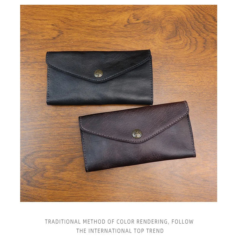 Genuine Leather Retro Men Handmade Wallet Handbag High Quality Phone Pocket Simple Card Bag Big Capacity Male Purses