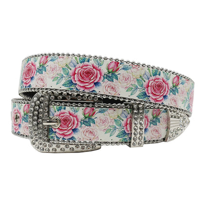 Rhinestone belt blue totem print New Women's Fashion Rhinestone Versatile Fashion PU Leather Belt Jeans Punk Rock Y2K Belt