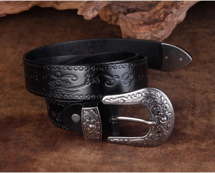 High Quality Court Style Embossed Western Cowboy Steel Buckle Belt Genuine Leather Designer Men Belt Punk Jeans Belts For Men