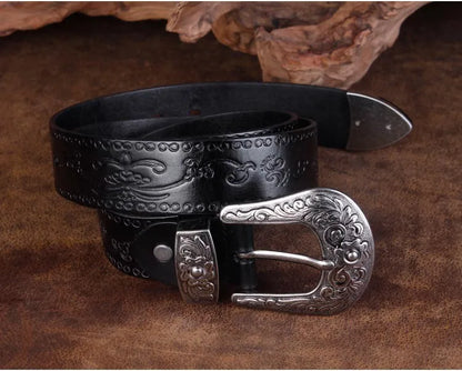 High Quality Court Style Embossed Western Cowboy Steel Buckle Belt Genuine Leather Designer Men Belt Punk Jeans Belts For Men