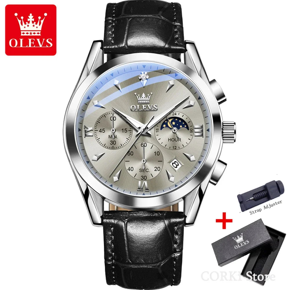 OLEVS 3609 Original Moon Phase Chronograph Watch for Men Leather Waterproof Luminous Luxury Quartz Mens Wristwatches Reloj Mujer