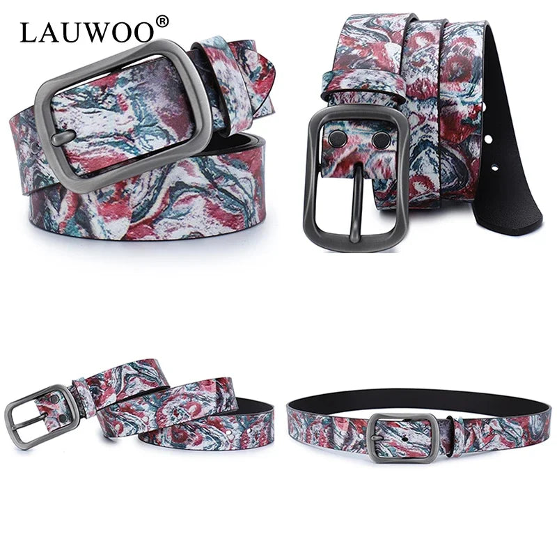 LAUWOO Women Belt Luxury Brand Genuine leather belt for men fashion printed belts  for women Retro Unisex Casual Jeans Belts