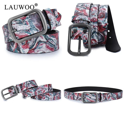 LAUWOO Women Belt Luxury Brand Genuine leather belt for men fashion printed belts  for women Retro Unisex Casual Jeans Belts