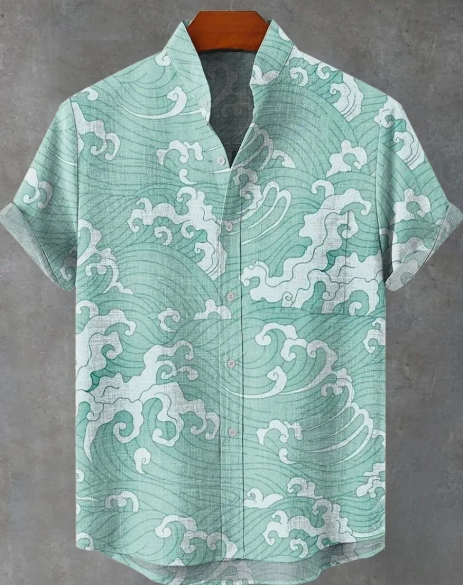Men's striped Hawaiian shirt, casual short-sleeved top, loose and fashionable, vintage summer shirt
