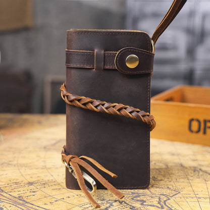 S.WORKER Vintage Crazy Horse Leather Wallet Handmade Men's Genuine Leather Long Wallet Pocket Purse Clutch Cash Card Holder