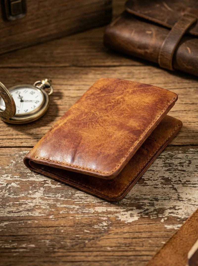 Retro Handcrafted Genuine Leather Small Wallet for Men, Vintage Durable EDC Card Holder, Men Multi-card Slots Organizer Wallet