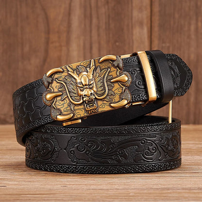 3.5cm Fashion Embossing Retro Male Belts for Men Business Split Leather Belt Dragon Pattern Automatic Buckle Strap