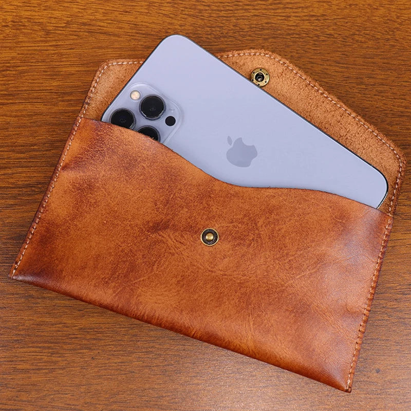 Genuine Leather Men Handmade Wallet High Quality Retro Handbag Simple Phone Pocket Card Bag Big Capacity Male Purses