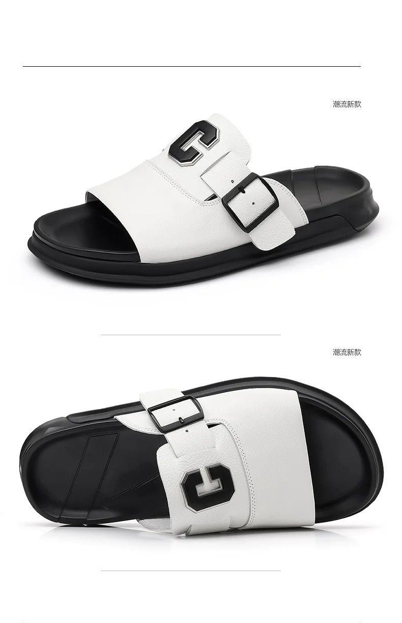 Men Outwear Genuine Leather Slippers for Men Fashion Buckle Designer Summer Flip-flops Male Casual Non-slip Beach Shoes Man