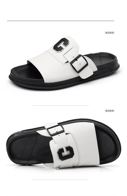 Men Outwear Genuine Leather Slippers for Men Fashion Buckle Designer Summer Flip-flops Male Casual Non-slip Beach Shoes Man