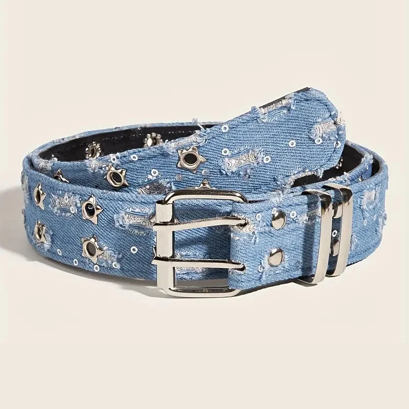 1Pc Fashion Luxury Belt Black Punk Accessories Blue Denim Girdle HipHop Y2k Star Hollowed Pin Buckle Waistband，For Men Women