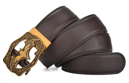 Men's Vintage Bat Pattern Genuine Leather Belt, Silver Gold Automatic Buckle, Plus Size 130 140 150 160 170cm Casual Waistband