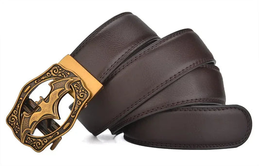 Men's Vintage Bat Pattern Genuine Leather Belt, Silver Gold Automatic Buckle, Plus Size 130 140 150 160 170cm Casual Waistband
