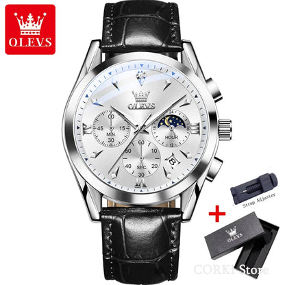 OLEVS 3609 Original Moon Phase Chronograph Watch for Men Leather Waterproof Luminous Luxury Quartz Mens Wristwatches Reloj Mujer