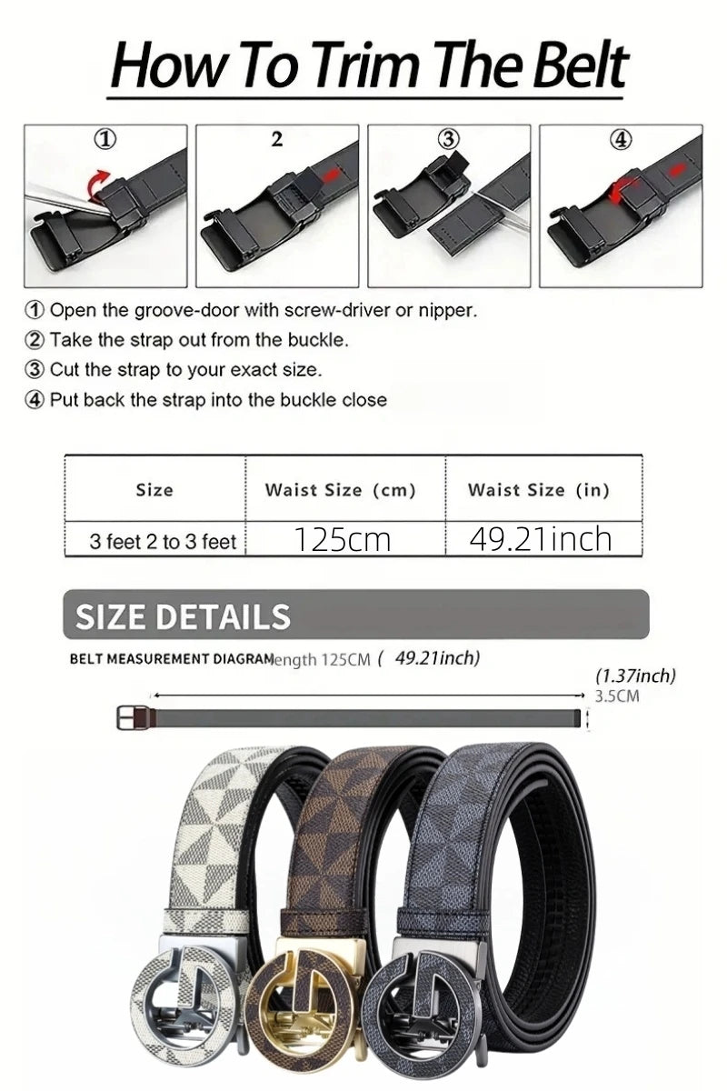 Men's Luxury Automatic Buckle Belt Classic Triangle Pattern PU Leather Business Casual Waistband for Jeans