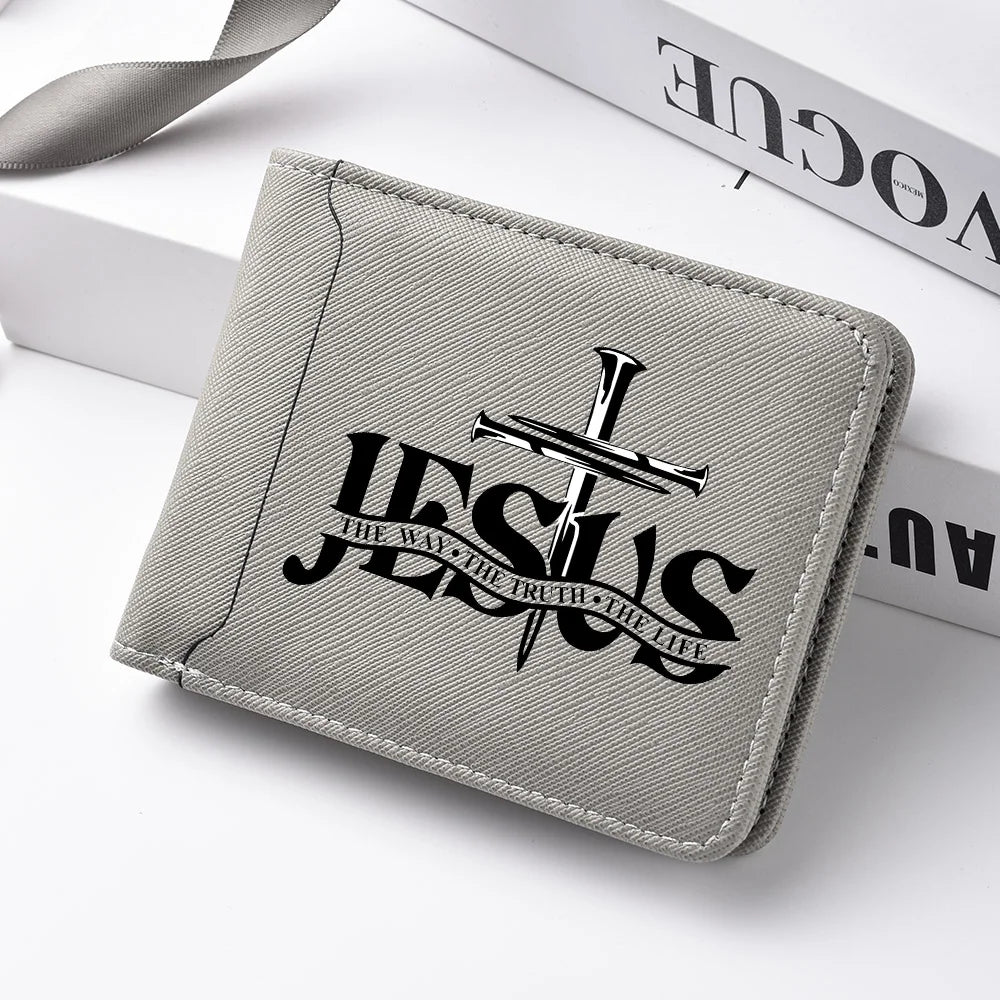 Men's Leather Simple Double-sided Wallet, Short Style, Casual Jesus Pattern, Thin Card Case, Men's Money Clip