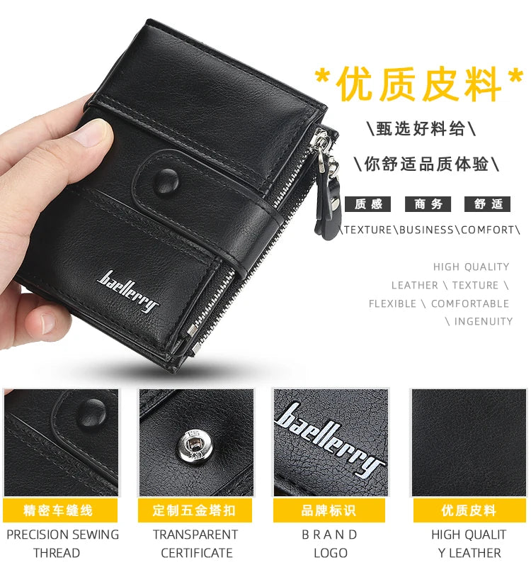 New  Men Wallets Fashion Short Desigh Zipper Card Holder Men Leather Purse Solid Coin Pocket High Quality Male Purse