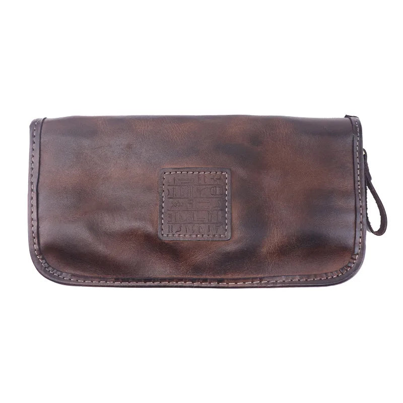 YETTIES Men's Vegetable Tanned Leather Long Clutch Wallet Large Capacity Multi-Function Document Vintage Business Handheld Purse