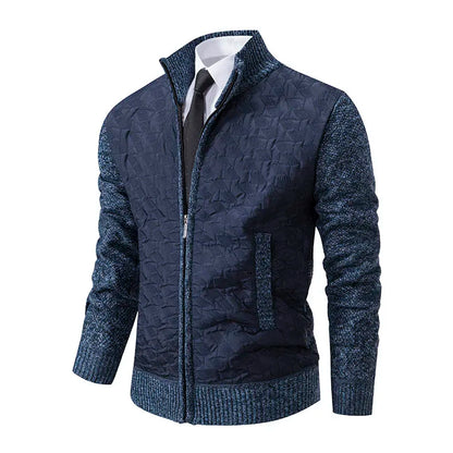 Mens Sweaters Jacket Full Zip Fleeced Sweater Cardigan Plaid Stand Collar Sweaters Coat Autumn Winter Homme Clothes