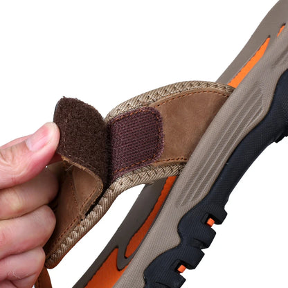 Men Sport Thong Slippers Genuine Leather Upper Adjustable Hook Loop Shock Absorb Anti Slip MD Sole Daily Beach Casual Flip Flops