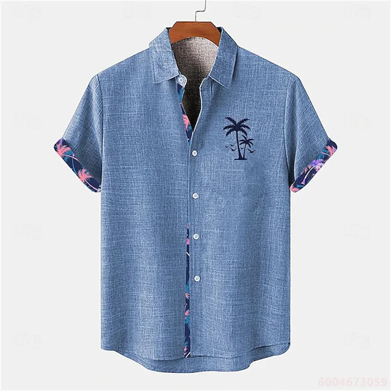 2026 Summer Men's Short-Sleeve Shirt, Coconut Tree Print, Color-Blocked Placket, Casual Vacation Beach Shirt, Hawaiian Shirt