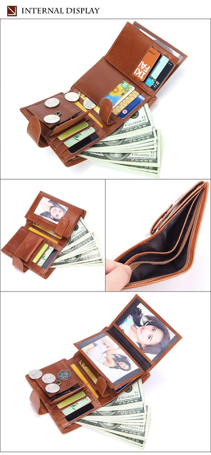 New Men Wallet Cowhide Genuine Leather Wallets Coin Purse Clutch Hasp Open Top Quality Retro Short Wallet Multi Cards Slots