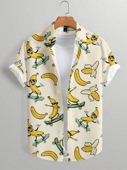 Men's Shirt Lapel Party Shirt Men's Casual Street Short Sleeve Summer New Fashion Banana Animation 3D Print Tops Men's Clothing