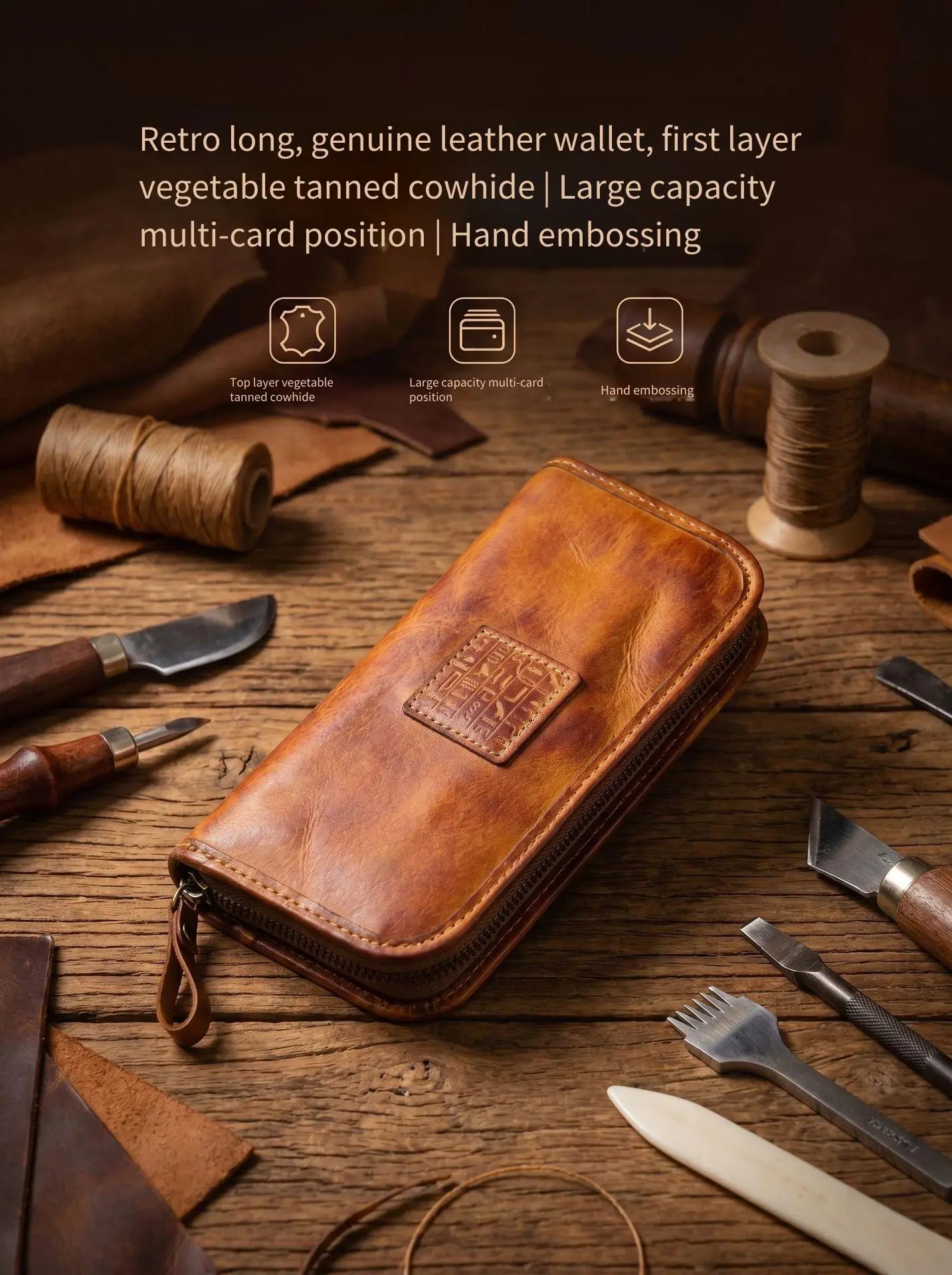 YETTIES Men's Vegetable Tanned Leather Long Clutch Wallet Large Capacity Multi-Function Document Vintage Business Handheld Purse