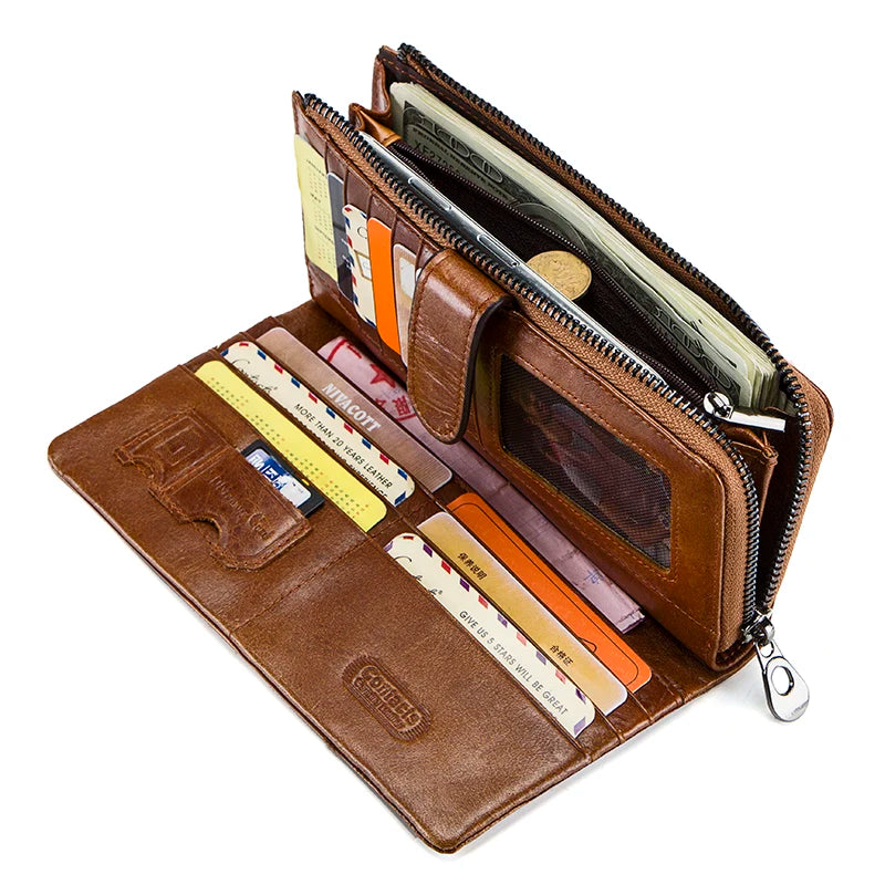CONTACTS Genuine Leather Men Wallet Long Vintage Bifold Men's Wallet Zipper Coin Purses Large Capacity Money Clips Card Holder