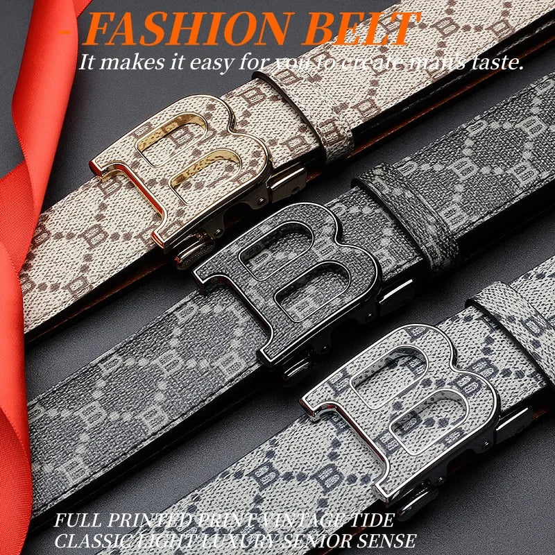 Classic B Print Leather Belt for Men - Adjustable Ratchet Buckle Dress Belt for Suits & Trousers
