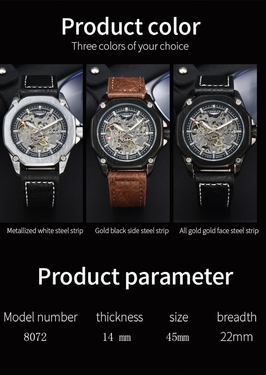 LONGLUX Automatic Watch Sport Style Wholesale Mechanical Wristwatches Fashion Hollow Leather Mens Watch Men Gift