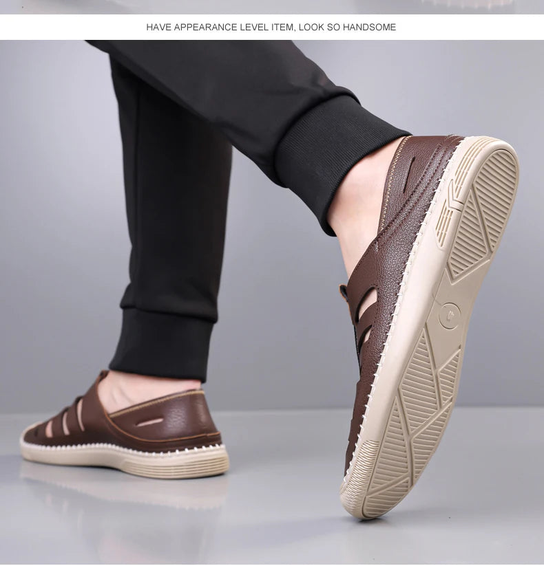 Outdoor Men Summer Sandals Breathable Hollow Leisure Anti Slip Leather Beach Shoes Fashionable Man Comfortable Hole Shoes