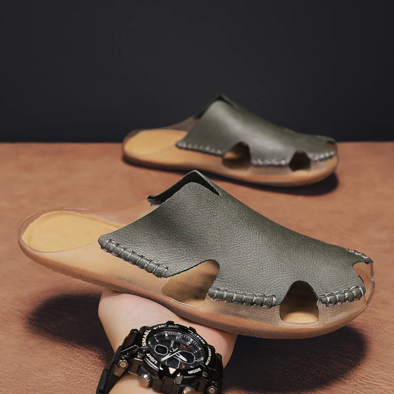 New Quality Leather Non-Slip Slippers Men Beach Sandals Comfortable Summer Shoes Men Slippers Classics Men Flip Flops Big Size
