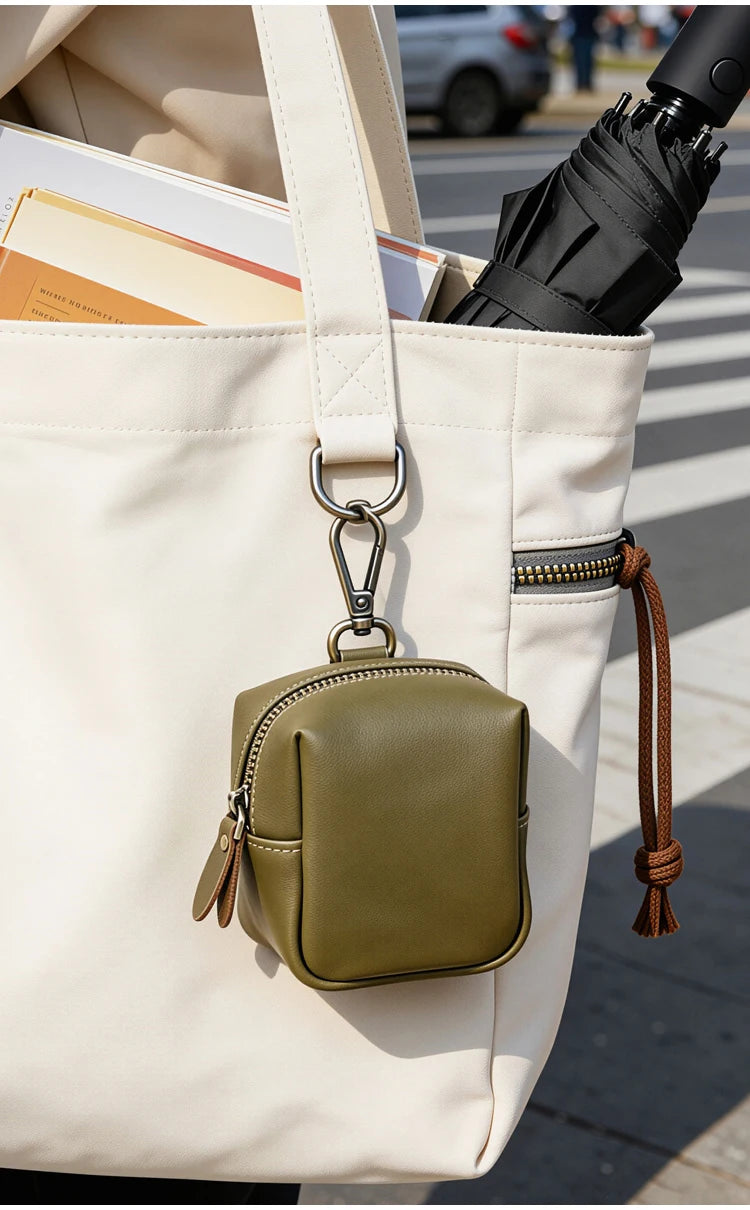 Men's Coin Purse, Genuine Leather Mini Coin Wallet Zipper Pocket with Back Belt Loop Lanyard, Lightweight Keychain Pouch for Men
