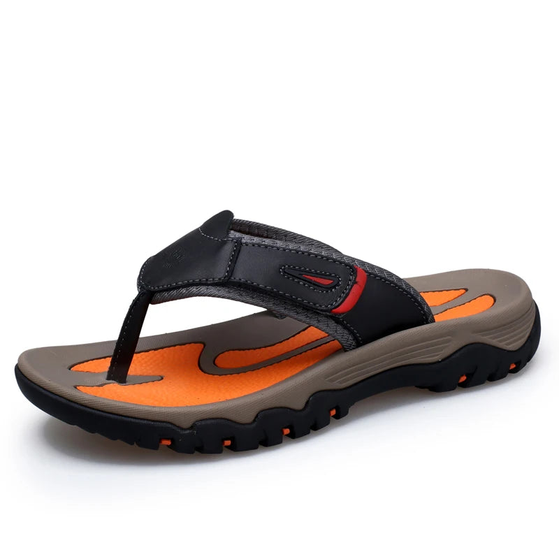 Men Sport Thong Slippers Genuine Leather Upper Adjustable Hook Loop Shock Absorb Anti Slip MD Sole Daily Beach Casual Flip Flops