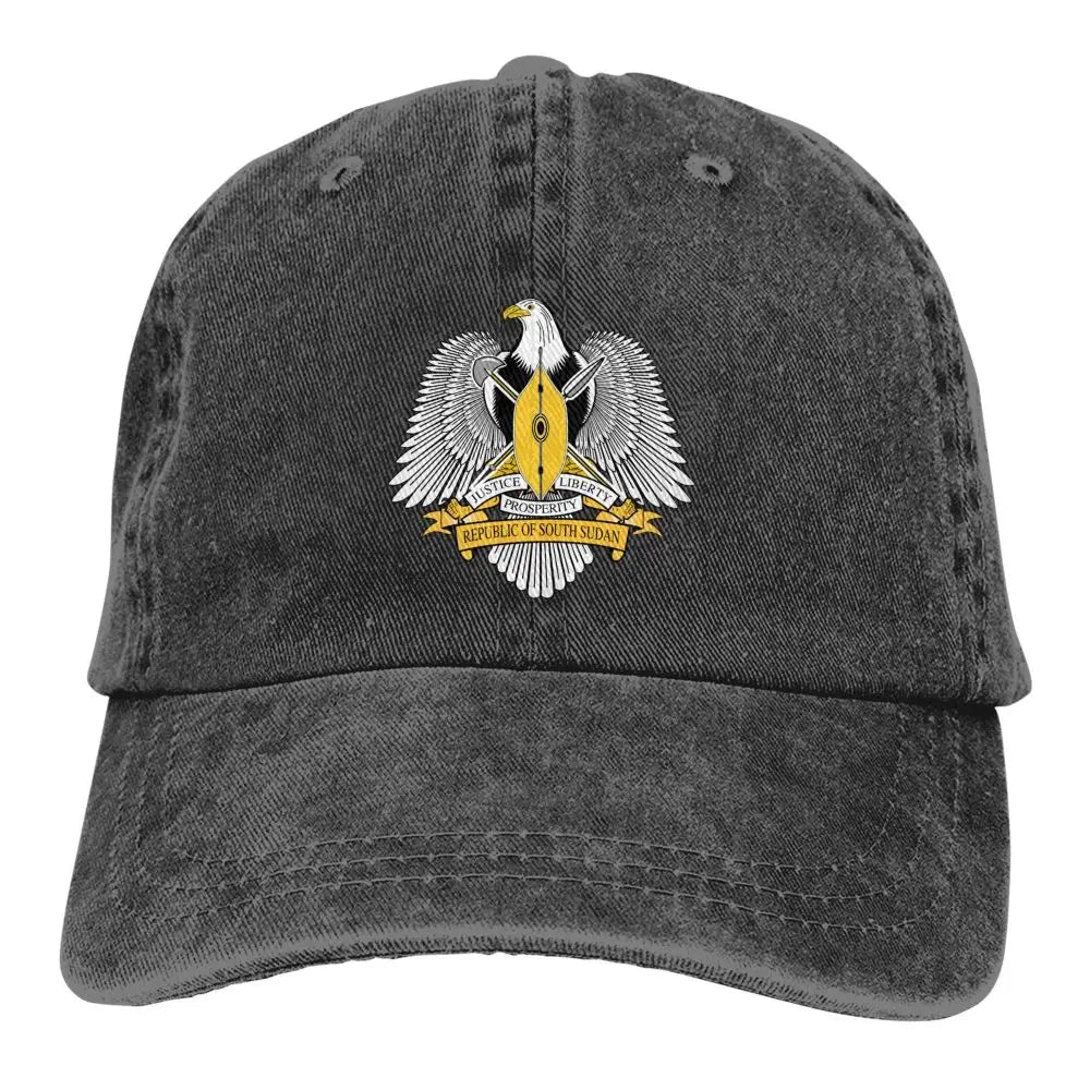 Men Baseball Cap South Sudan Emblem Charcoal Washed Denim Classic Vintage Cotton Dad Trucker Hat Unisex Adult