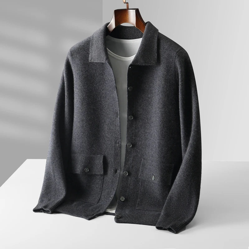 Autumn And Winter 100% Cashmere Cardigan Men's POLO Collar Coat Knitted Baseball Uniform Jacket Bottoming Wool Sweater
