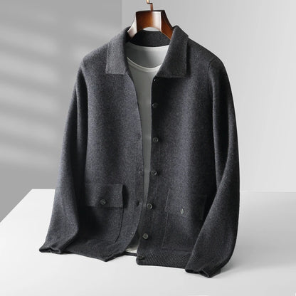 Autumn And Winter 100% Cashmere Cardigan Men's POLO Collar Coat Knitted Baseball Uniform Jacket Bottoming Wool Sweater