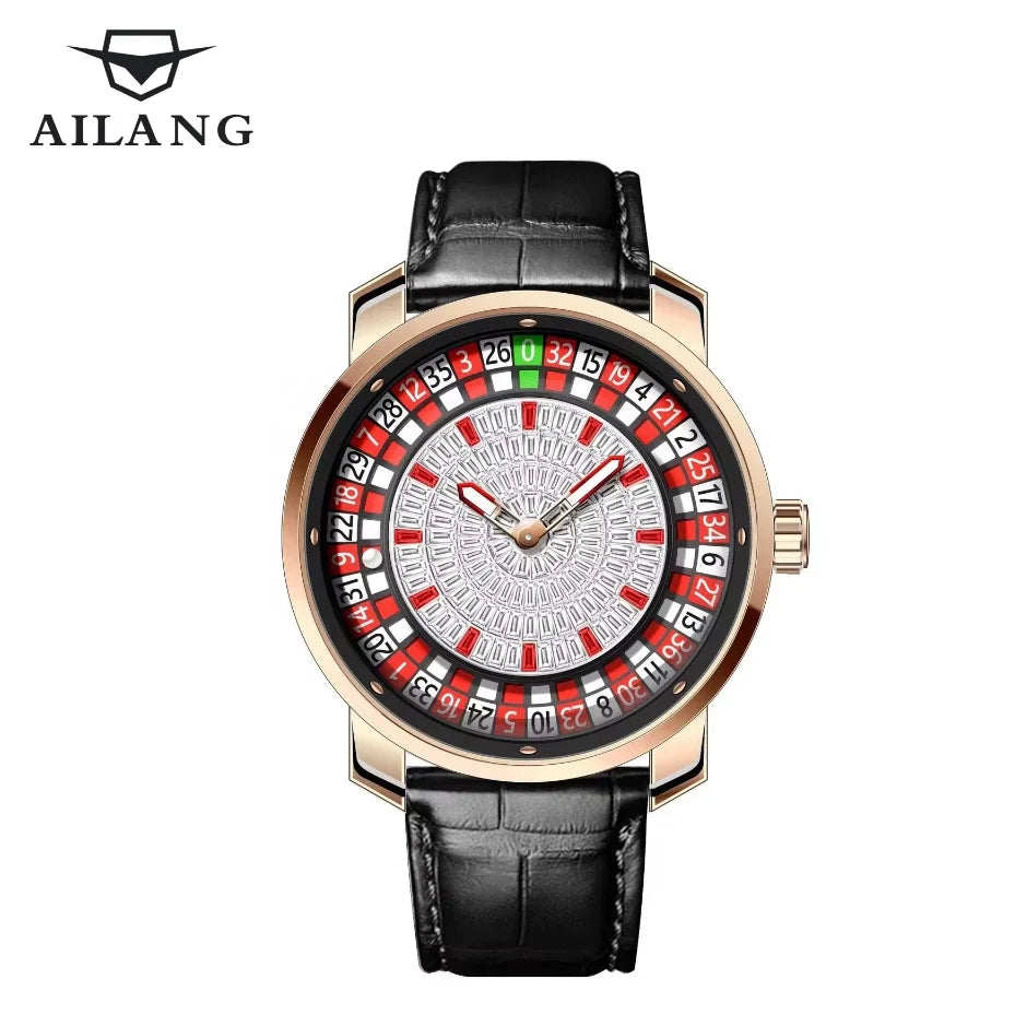 AILANG Fashionable and Noble Red Top Men Mechanical Watch Button Gambling Table Game Roulette Watches Pointer Sapphire Watch