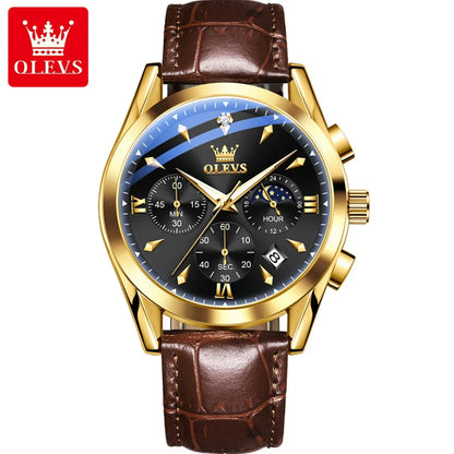OLEVS 3609 Original Moon Phase Chronograph Watch for Men Leather Waterproof Luminous Luxury Quartz Mens Wristwatches Reloj Mujer