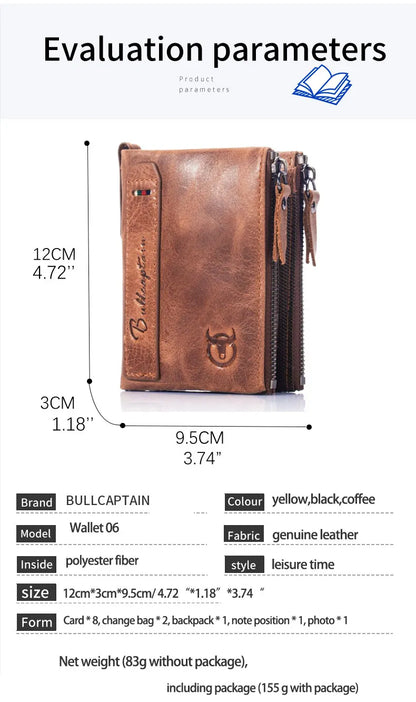 BULLCAPTAIN retro leather men's wallet leather zipper buckle short money wallet card holder coin purse RFID wallet QB06