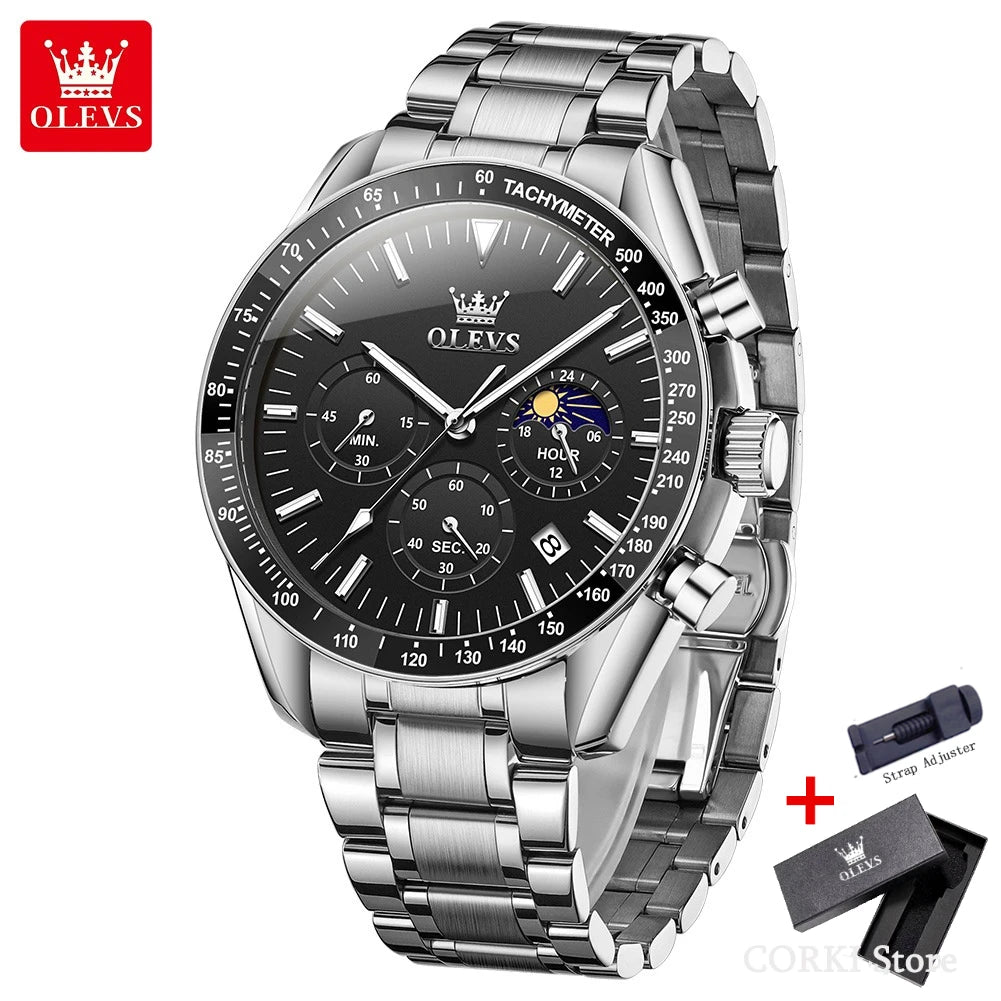 OLEVS 3618 Waterproof Luminous Date Moon Chronograph Wristwatches Mens Luxury Stainless Steel Quartz Watch for Men Reloj Hombre