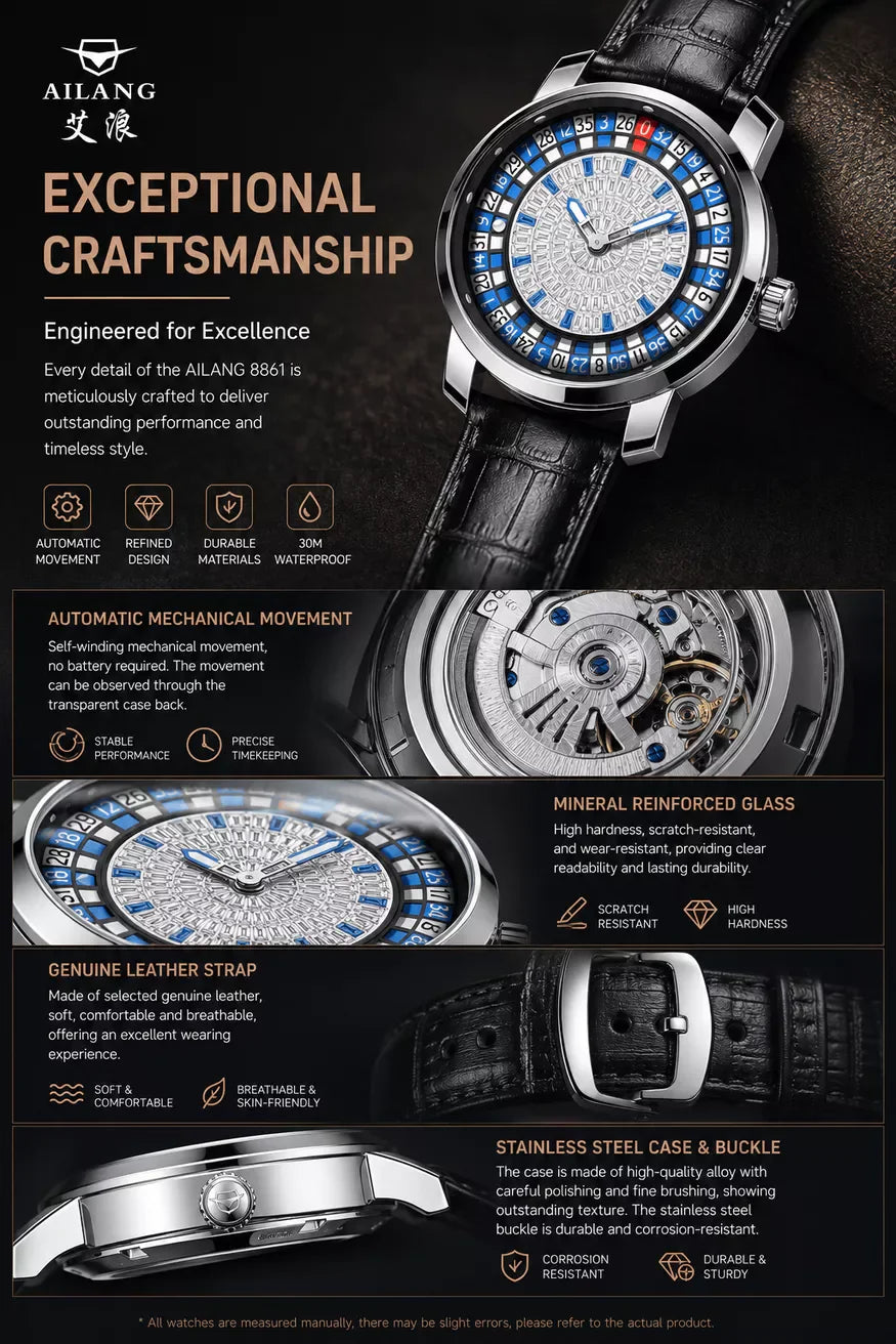 AILANG Fashionable and Noble Red Top Men Mechanical Watch Button Gambling Table Game Roulette Watches Pointer Sapphire Watch