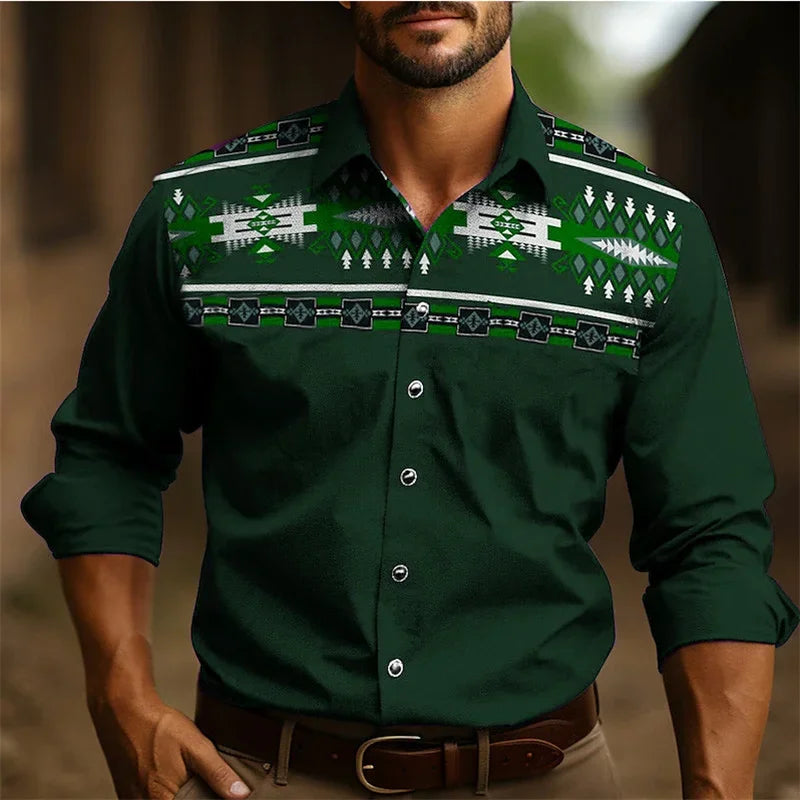 Men's Western Shirt Vintage Pattern Lapel Long Sleeve Button Print Top Fashion Streetwear Designer Western Style