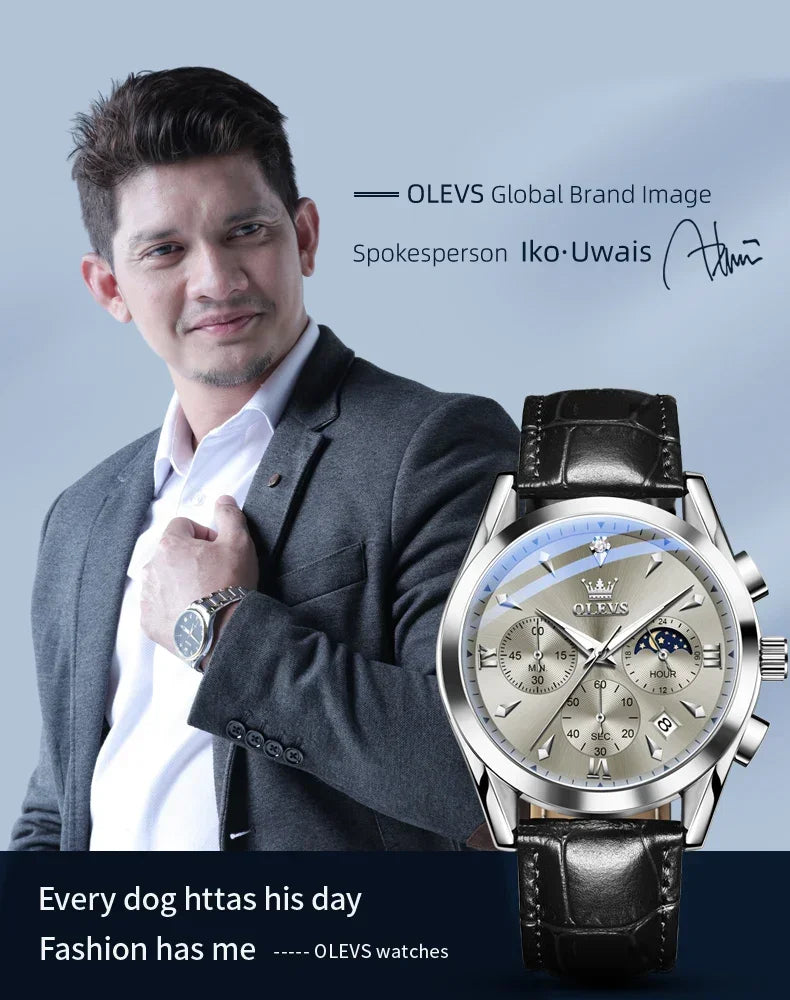 OLEVS 3609 Original Moon Phase Chronograph Watch for Men Leather Waterproof Luminous Luxury Quartz Mens Wristwatches Reloj Mujer