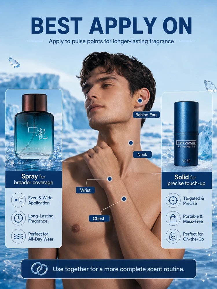2Pcs Men Cologne Set Ocean Fresh Spray Perfume & Solid Cologne Long Lasting Portable Fragrance Gift for Him Travel Daily