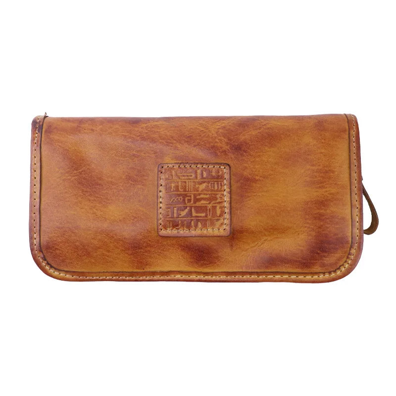 YETTIES Men's Vegetable Tanned Leather Long Clutch Wallet Large Capacity Multi-Function Document Vintage Business Handheld Purse