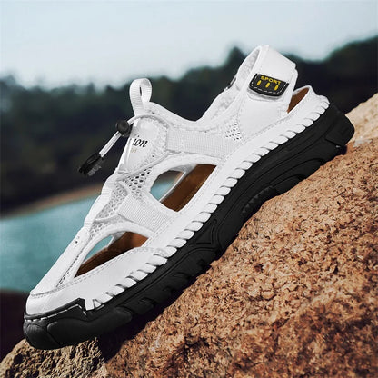 Men's Handmade Simple Letter-Print Sandals, Summer Beach Hollow Sandals, Fashionable Velcro Men's Shoes, Outdoor Hiking and River-Tracing Shoes, Comfortable, Breathable, Wear-Resistant, Non-Slip, Large Size Men's Shoes