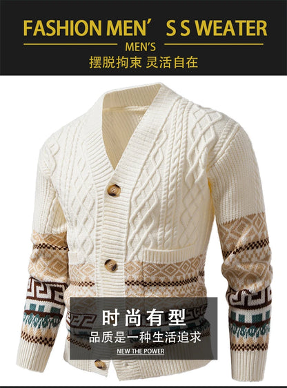 Men's Cable Knit Fair Isle Geometric Striped Cardigan V Neck Button Front Pocket Long Sleeve Sweater Autumn Winter Casual